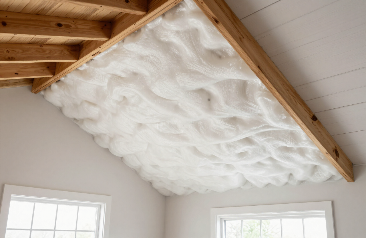 Neatly applied white spray foam insulation on an attic roof deck