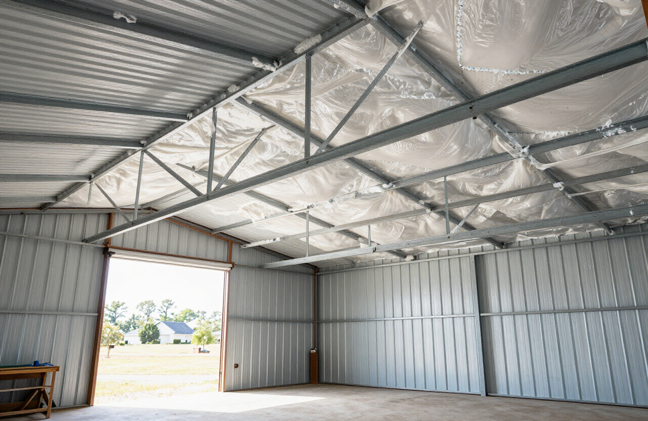 Interior of a metal pole barn with white closed-cell spray foam applied to the metal roof and steel framing in Frederick County Virginia